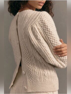 Maeve Puff-Sleeve Crew-Neck Cable-Knit Sweater